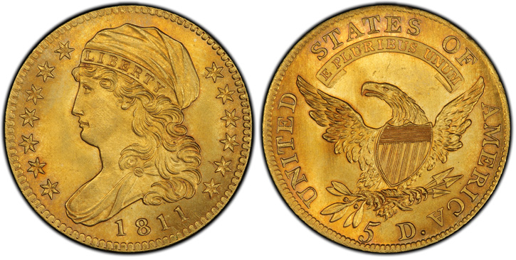 1811 Capped Bust Left Half Eagle. BD-1. Tall 5. MS-66 (PCGS).